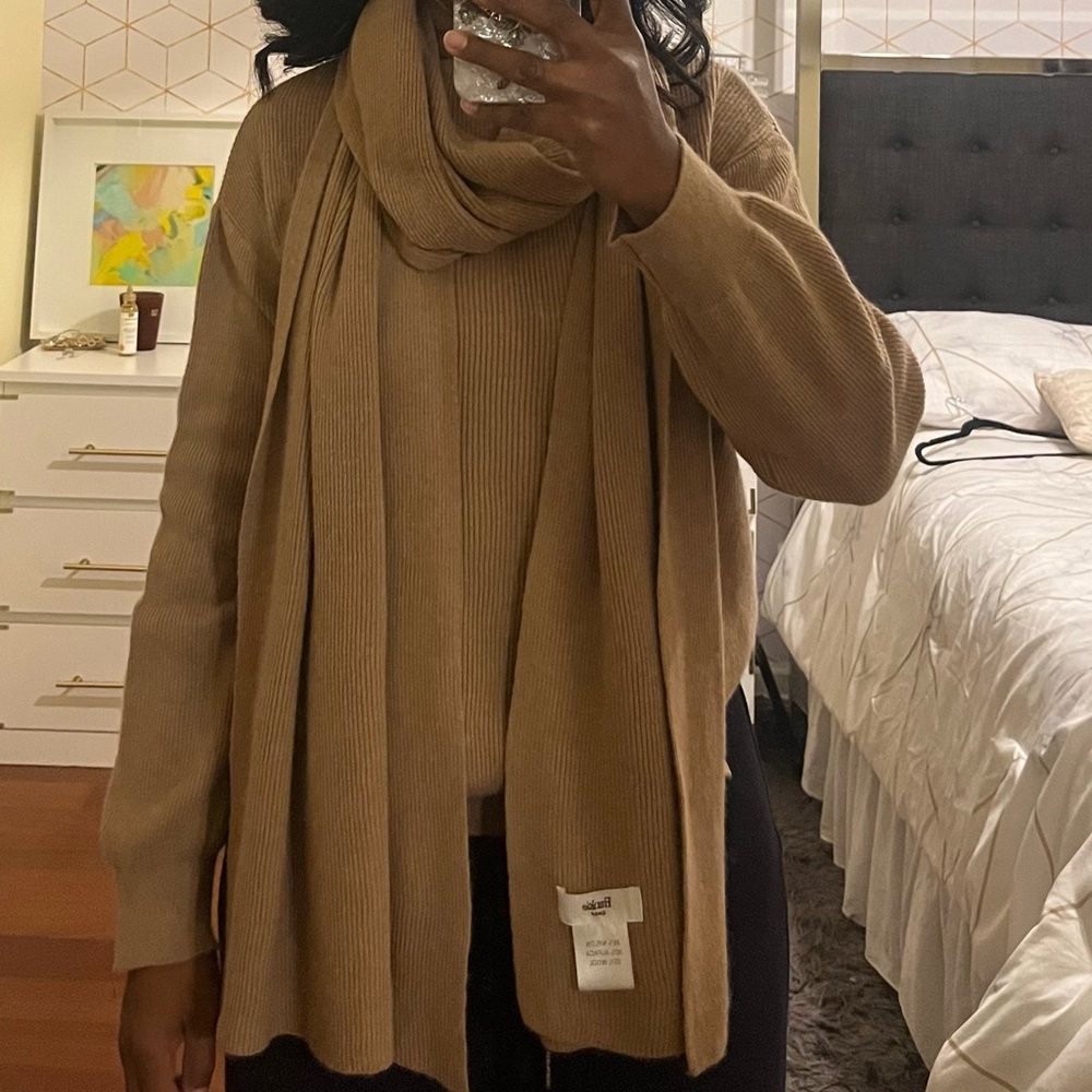 Frankie Shop Camel Ribbed-Knit Turtleneck Sweater and Scarf Set